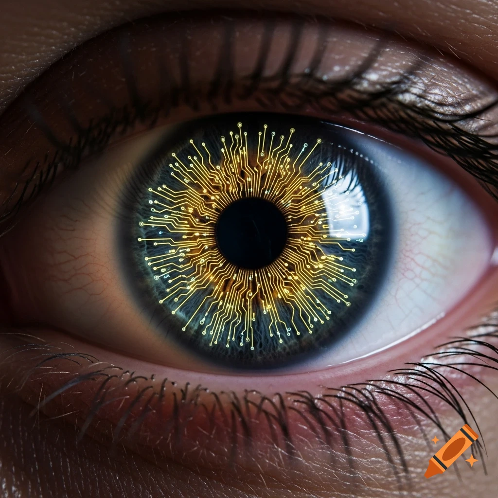 Close-up of a human eye with a glowing yellow circuit board pattern replacing the iris, futuristic and highly detailed.