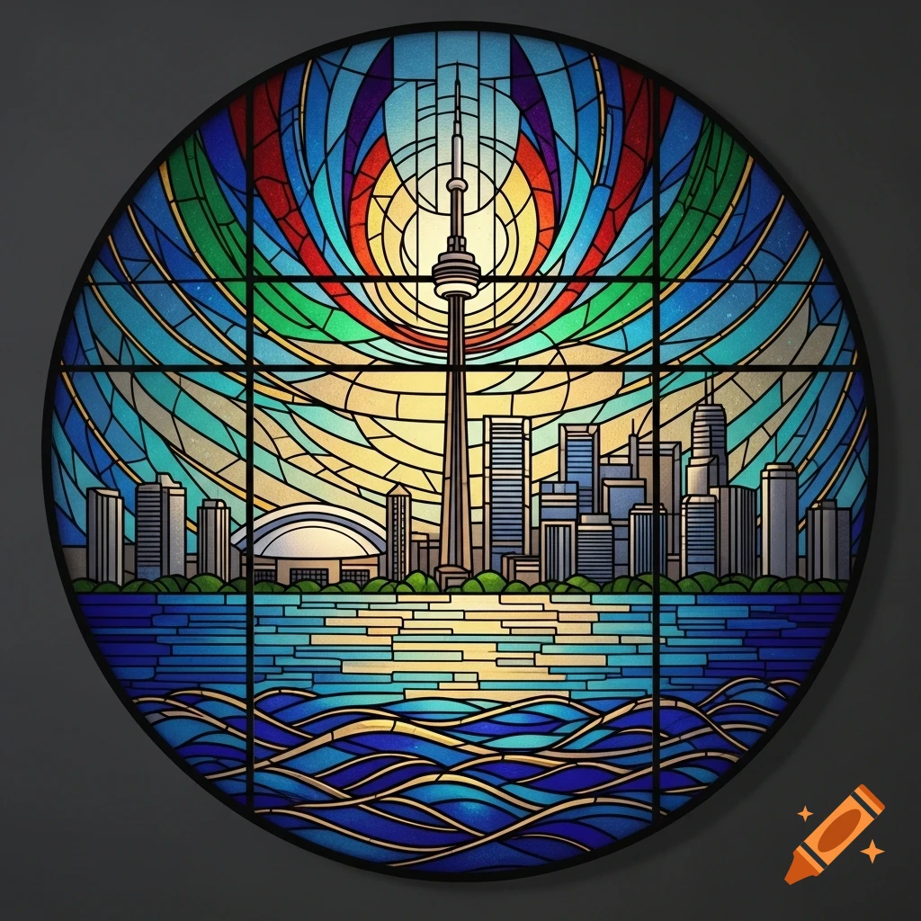 Circular stained glass art of the Toronto skyline with the CN Tower and SkyDome overlooking water.