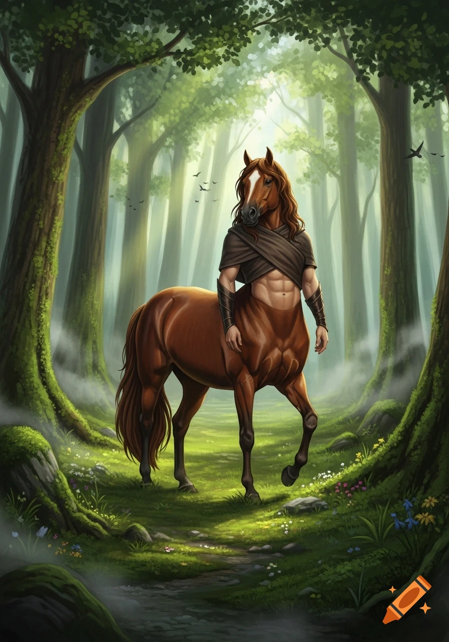 A muscular male centaur with brown hair and horse body, wearing a dark ...