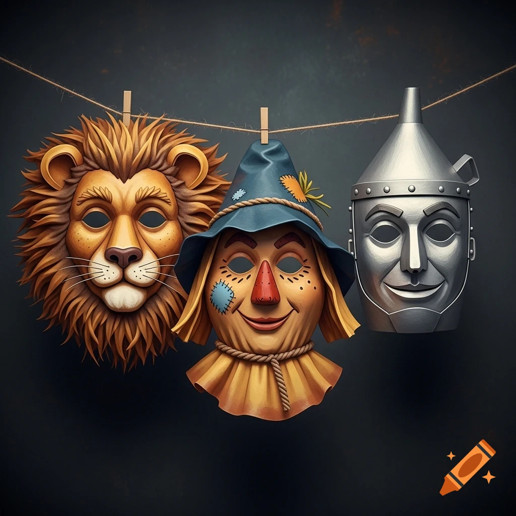 Handmade paper masks of the Cowardly Lion, Scarecrow, and Tin Man from The Wizard of Oz hang on a string against a dark background.