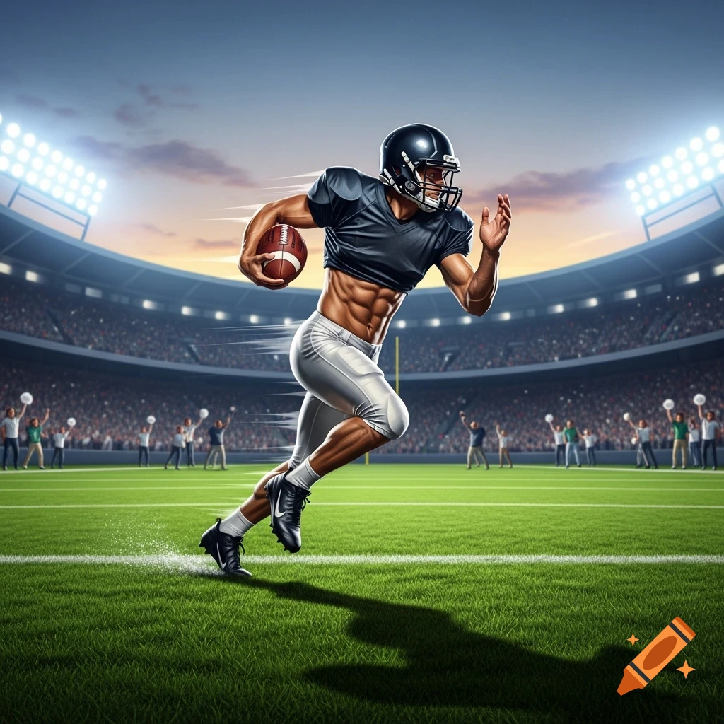 Photorealistic image of a lean, muscular football player running with the ball on a green field in a stadium with bright lights at sunset.