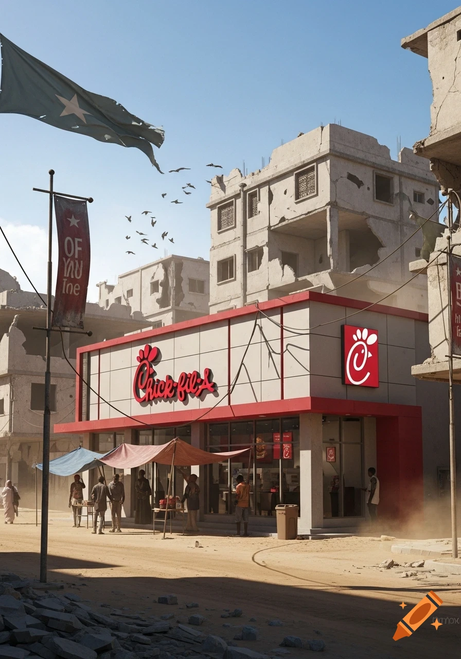 A Chick-fil-A restaurant stands in a war-torn, dusty urban street with bombed-out buildings and market stalls. A tattered flag flies overhead.