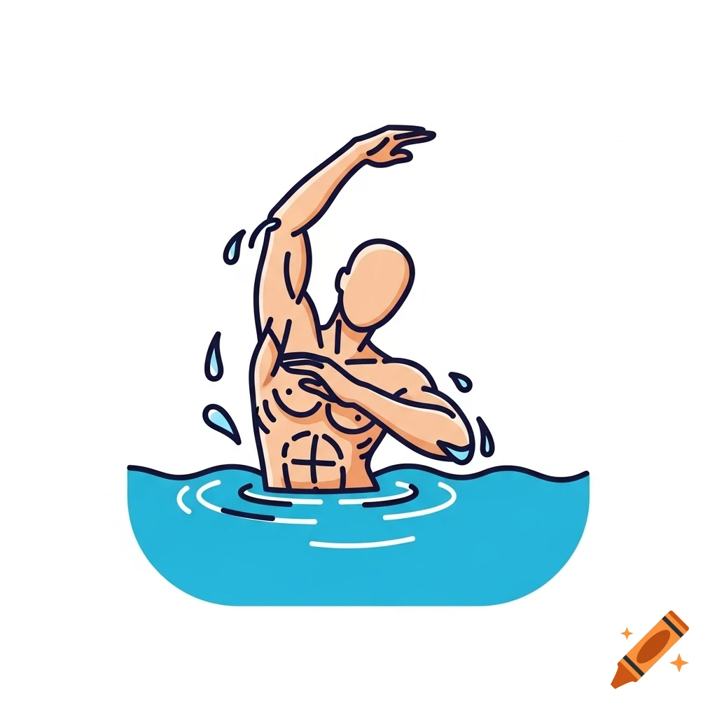 Stylized icon of a person with one arm raised out of blue water, appearing to swim or stretch.