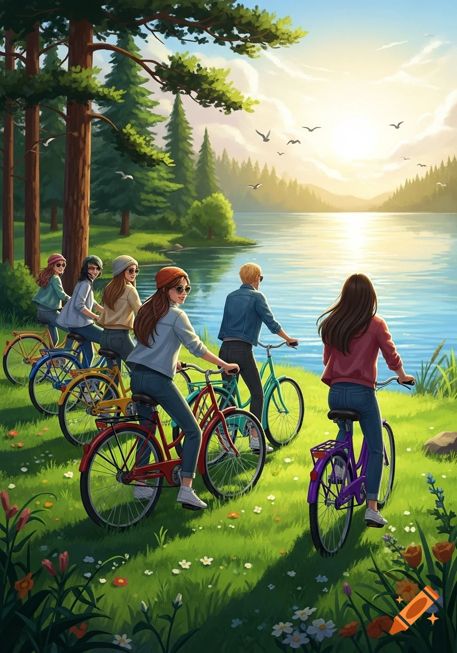 A group of friends cycles along a sunny lakeside path, with a forest beside them and mountains in the distance, in an illustrated style.