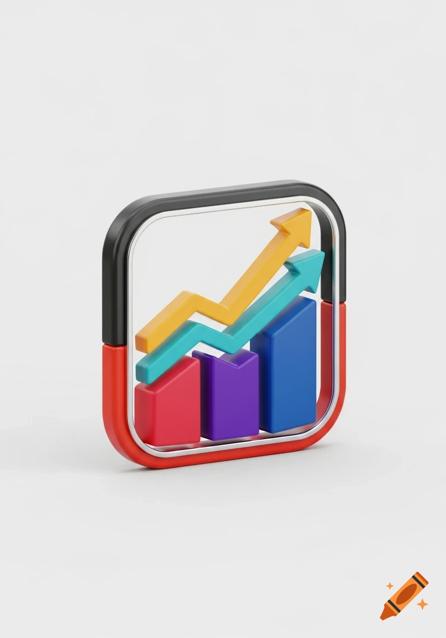 3D icon of a colorful bar chart with an upward-trending line graph and arrows, set inside a rounded square frame.