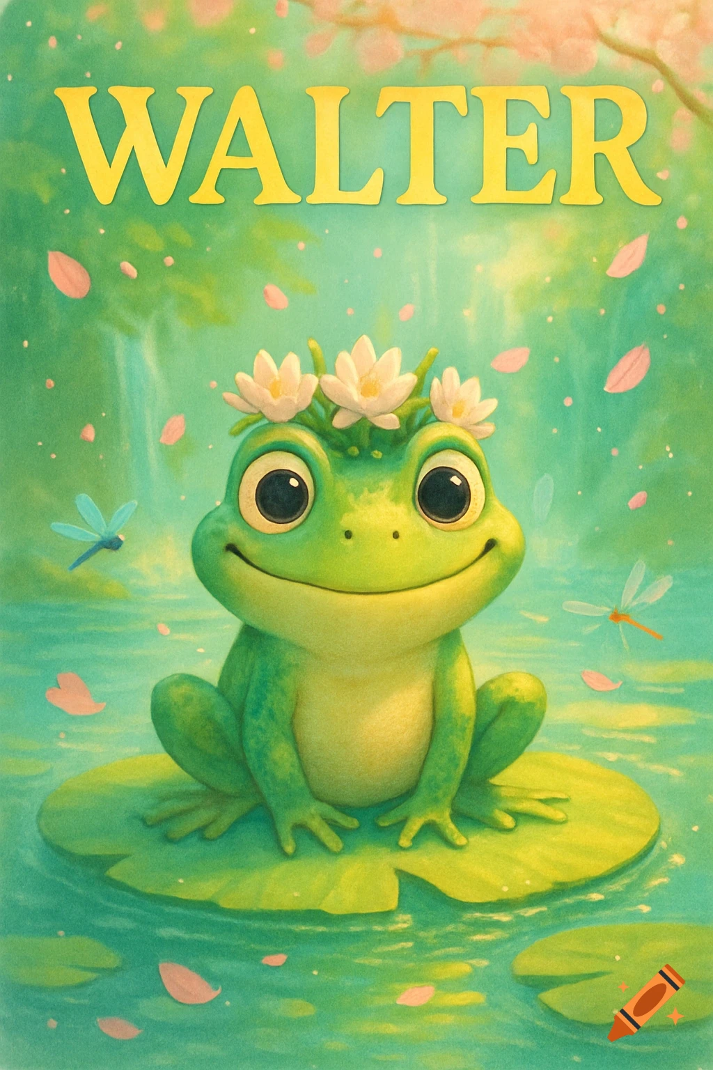 A cute cartoon frog with big eyes and a flower crown sits on a lily pad, with "WALTER" at the top in an illustrated style.