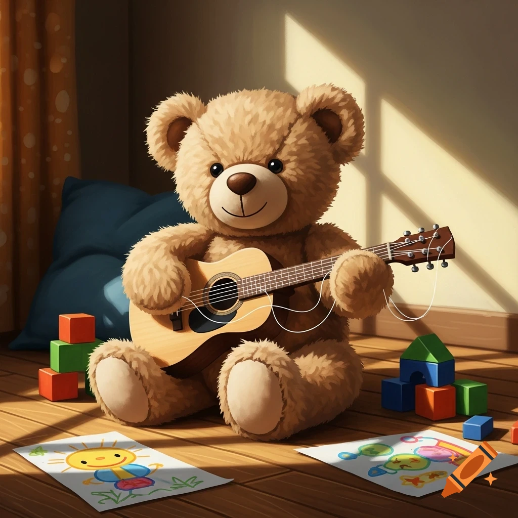 A fluffy brown teddy bear sits on a sunlit wooden floor, playing a toy guitar surrounded by building blocks and crayon drawings.