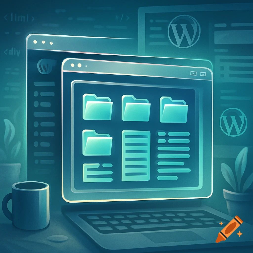 Glowing illustration of a laptop showing a file explorer with folders and text-like lines, a coffee cup, and code elements in the background, all in a blue-green hue.