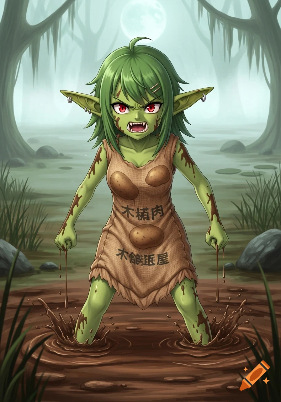 Angry anime female goblin with green skin and red eyes, wearing a potato sack dress with Japanese text, standing in muddy swamp water.