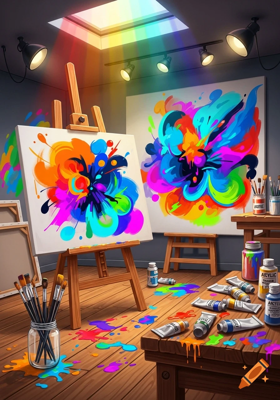 A vibrant art studio with two abstract paintings on easels, paint splattered on the wooden floor and table, and art supplies like brushes and paint tubes scattered around. A rainbow light shines from a skylight.
