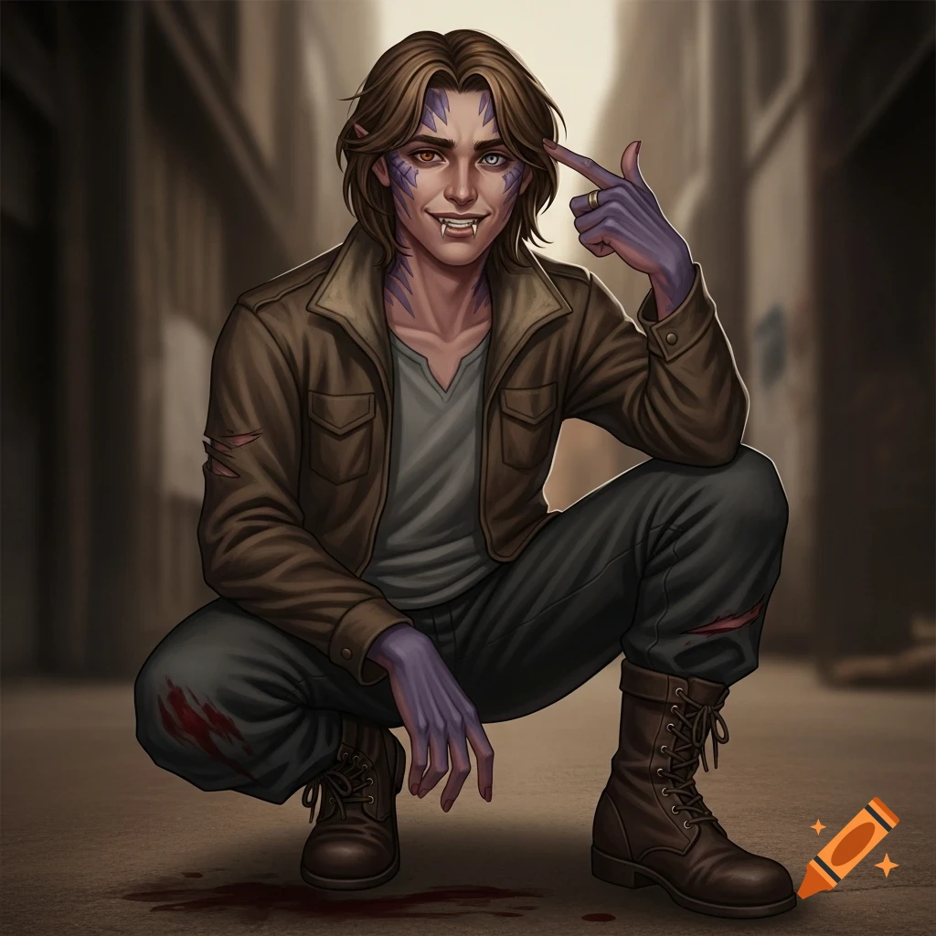 An illustrated character with brown hair, scales, sharp teeth, and heterochromia crouches in an alley, making a finger gun gesture.