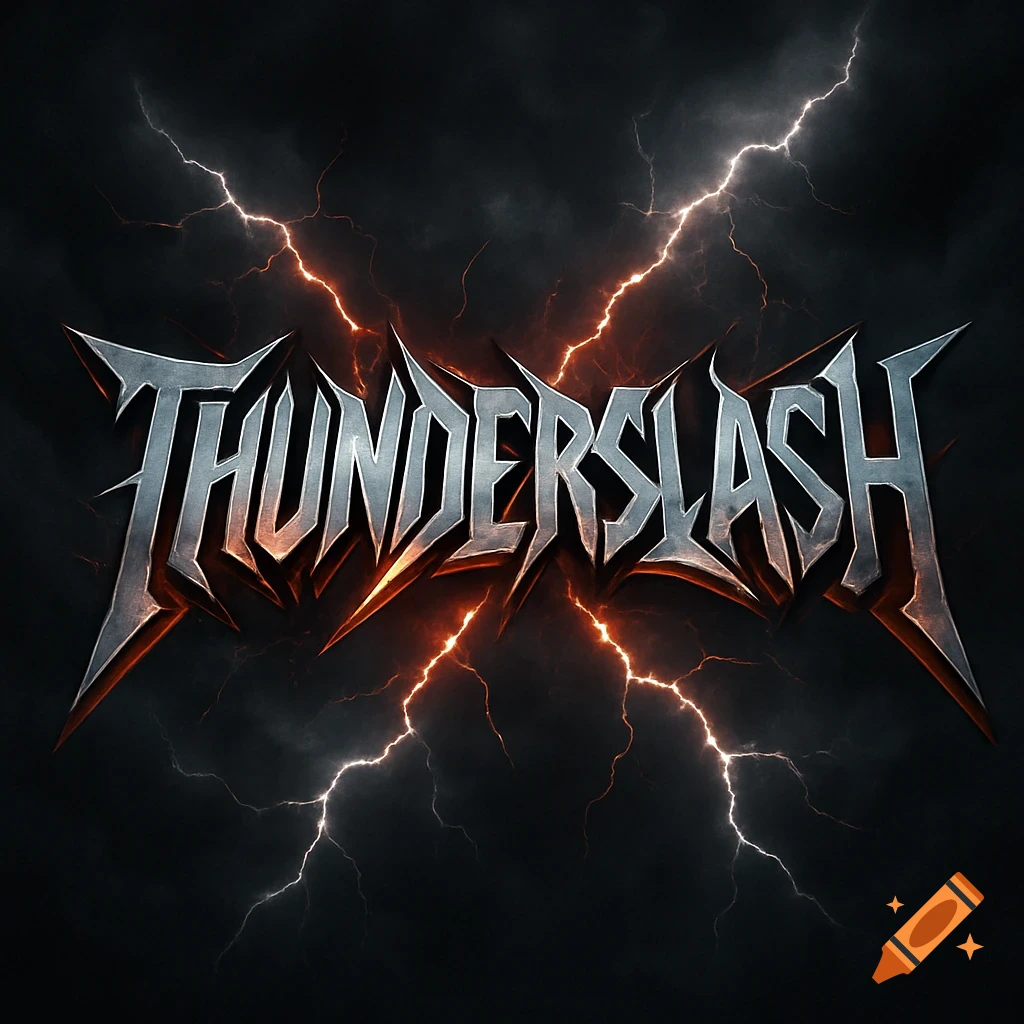 Metallic THUNDERSLASH logo against a dark, cloudy sky illuminated by bright orange and white lightning bolts.
