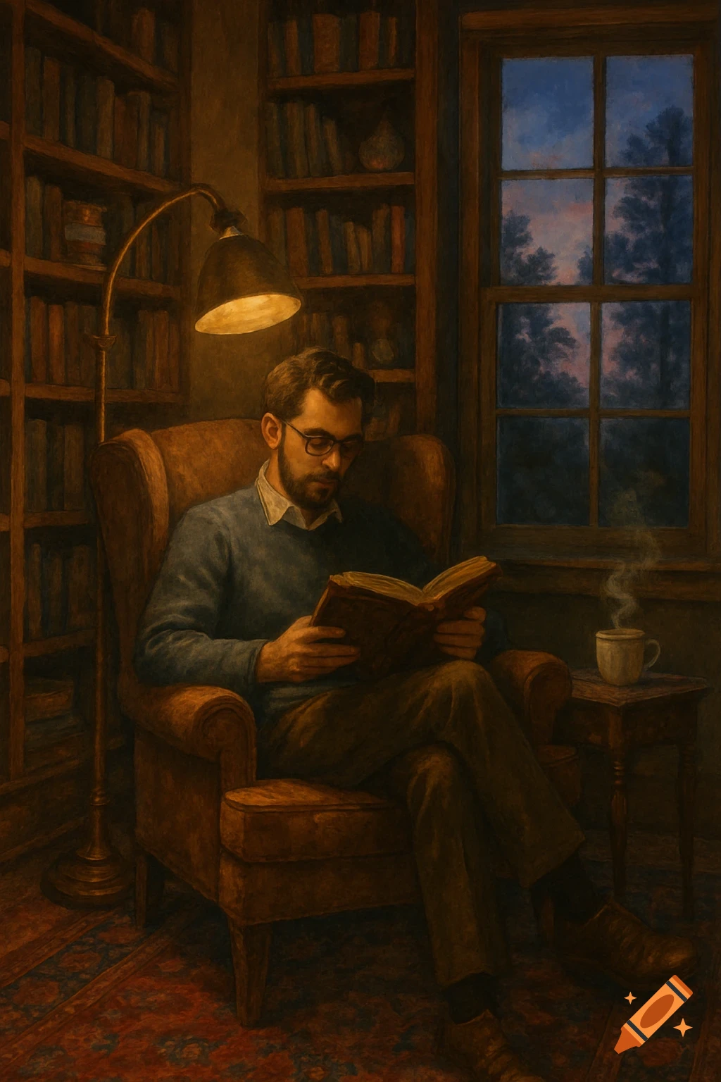 A man with glasses and a beard sits in an armchair, reading a book under a lamp in a cozy, painterly library with a window.