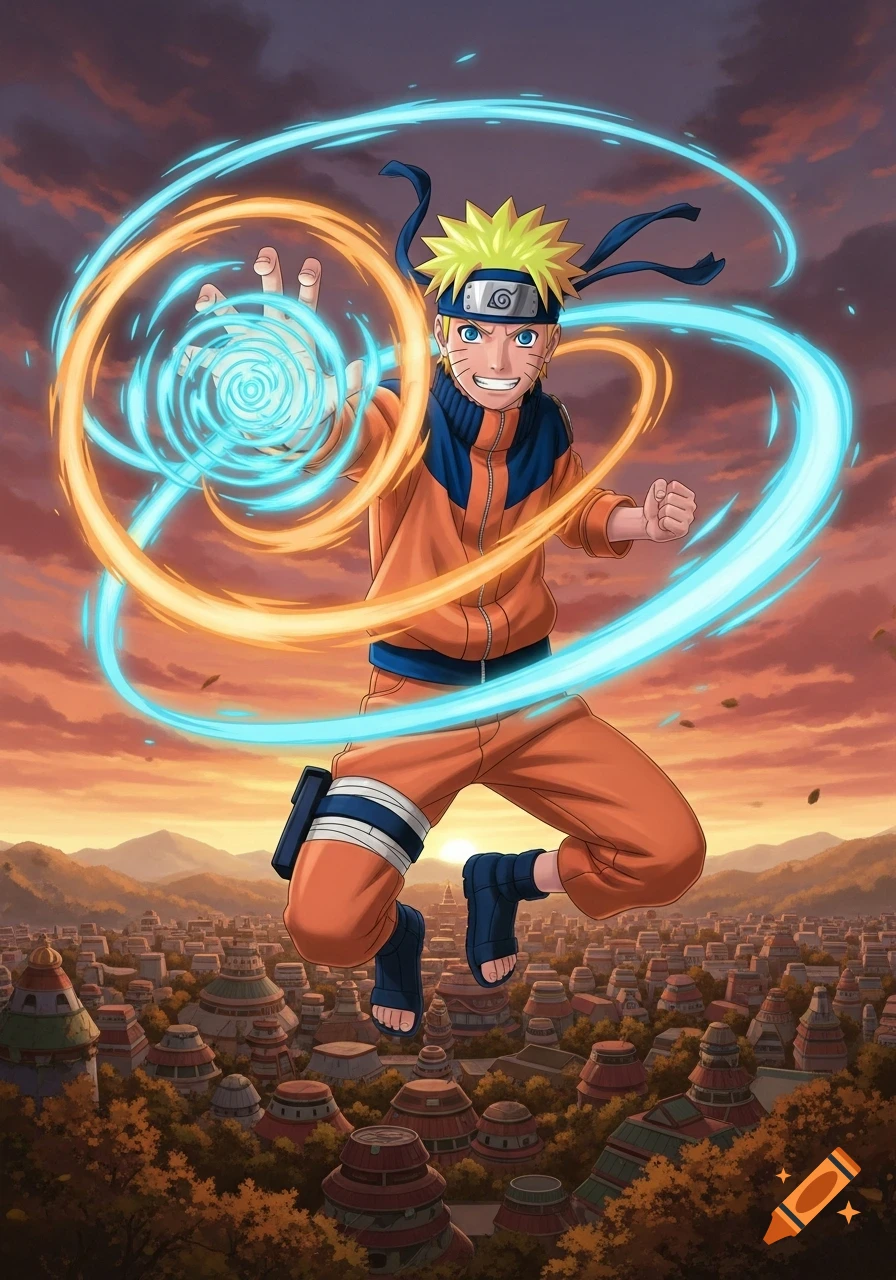 Anime character Naruto in orange jumpsuit leaps, casting a blue and orange swirling spell over a village at sunset.