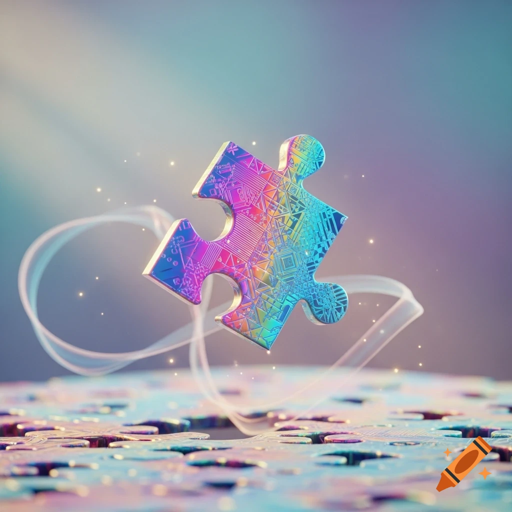 A vibrant, holographic-like puzzle piece floats above other pieces, surrounded by glowing light and wisps.