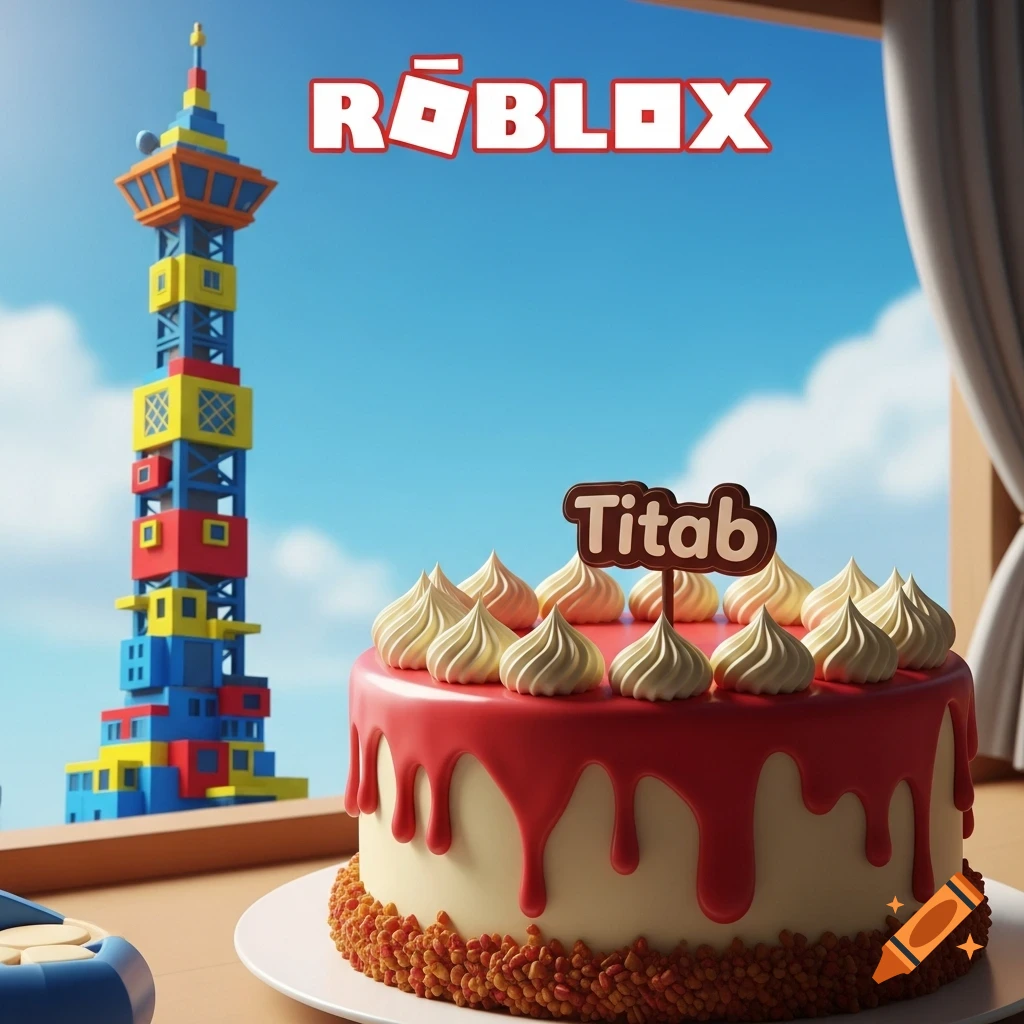 A digital art image featuring a colorful Roblox-style tower in the background and a red and white cake with 'Titab' on top in the foreground.