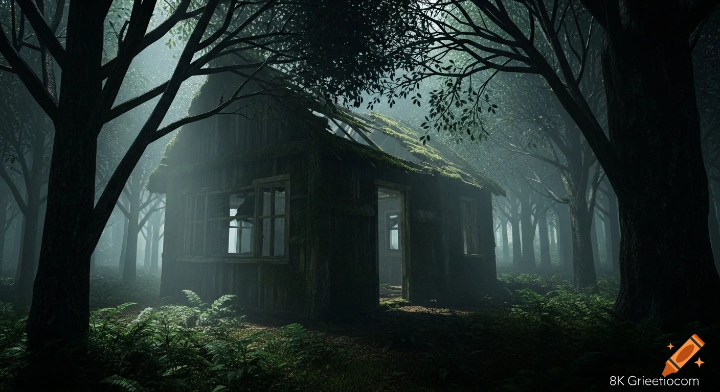 A dilapidated wooden hut covered in moss stands deep within a dark, misty forest with tall, dense trees. Photorealistic.