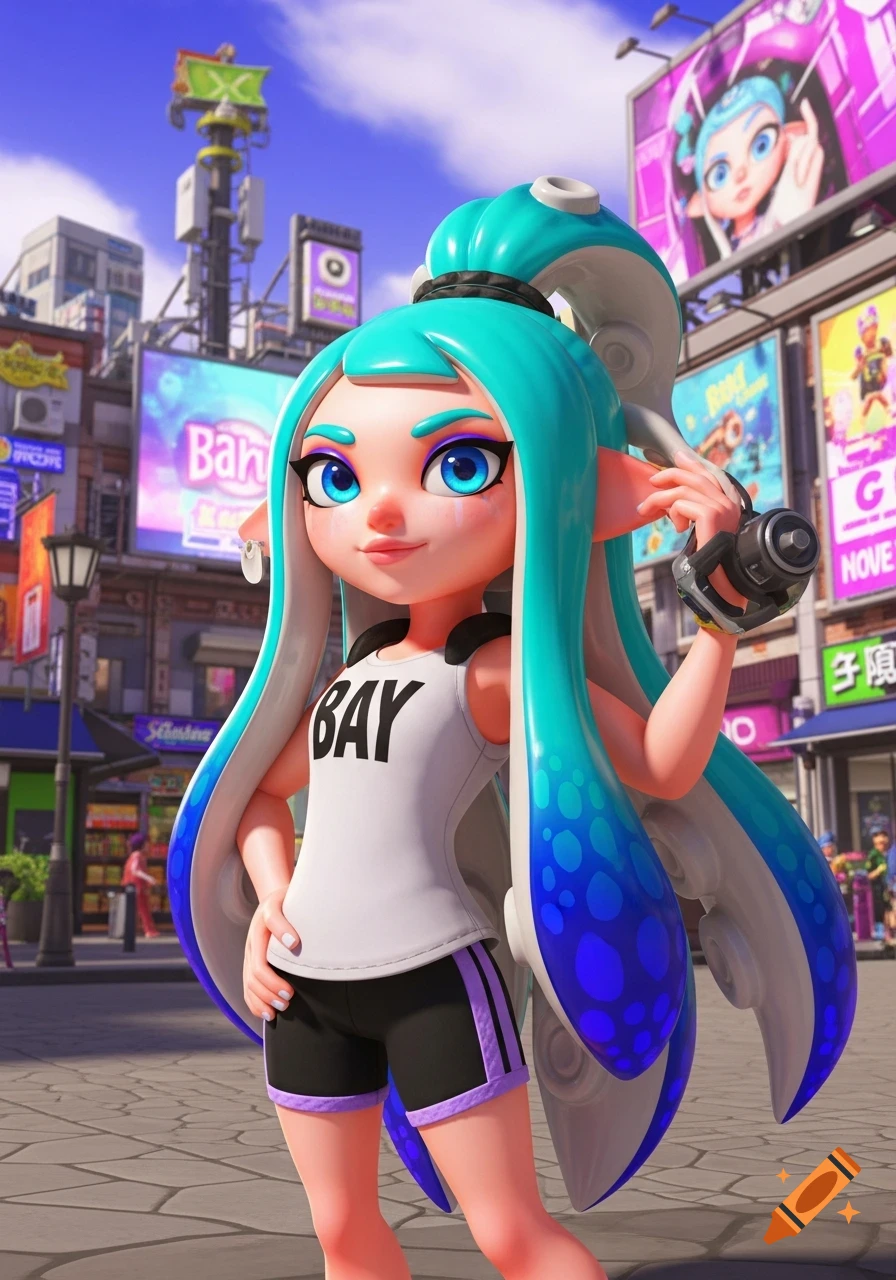 A vibrant 3D rendering of an Octoling character from Splatoon, with long blue-tipped tentacles and a white "BAY" tank top, standing in a stylized city street.