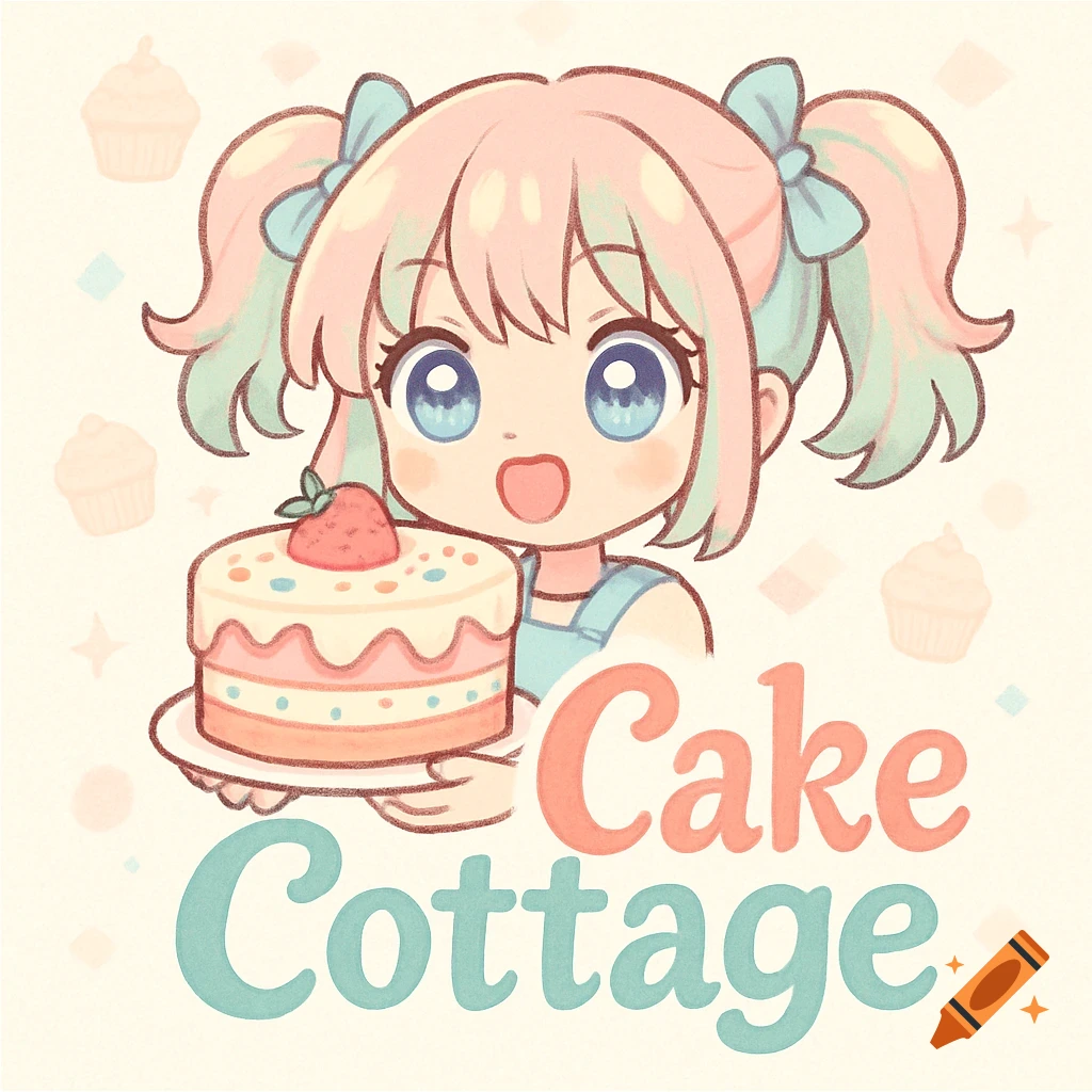 Cute anime girl with pink and mint pigtails holds a layered cake with a strawberry. Text 'Cake Cottage'. Soft, pastel art style.