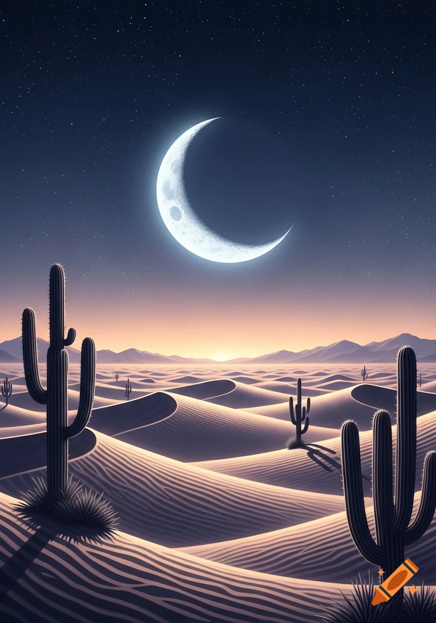 Stylized desert landscape at night with a large crescent moon, starry sky, rhythmic sand dunes, and saguaro cacti.