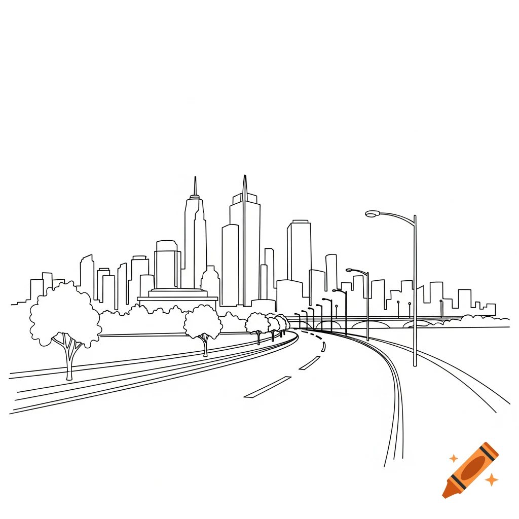 A black and white line drawing of a city skyline with skyscrapers ...