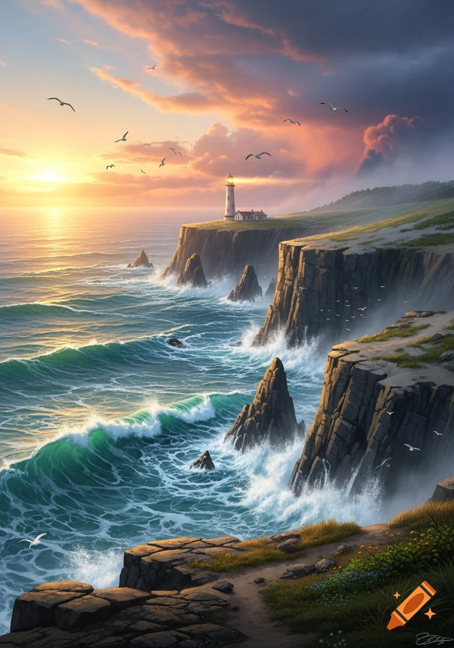 A vibrant sunset over ocean cliffs with a lighthouse, dramatic waves crashing against the shore, and birds flying in the colorful sky.