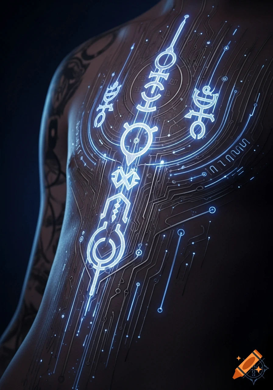 Close-up of a person's back and shoulder with intricate, glowing blue cybernetic tattoos resembling circuit board patterns and mystical symbols.