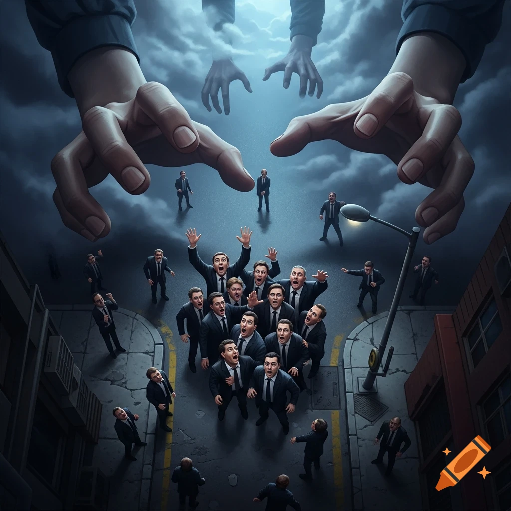 Tiny men in suits look up in fear as giant hands lunge from a dark, cloudy sky over a city street in a dramatic, stylized illustration.