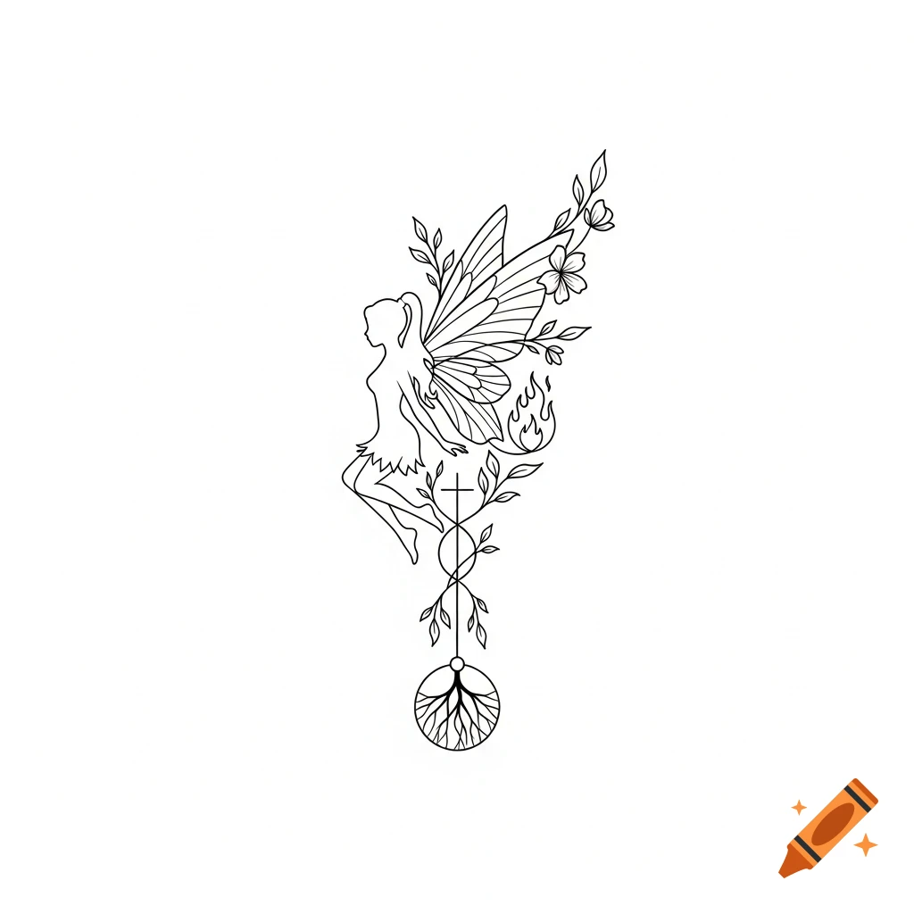 Black line art tattoo design of a fairy with wings, floral vines, a cross, flame, and tree roots.