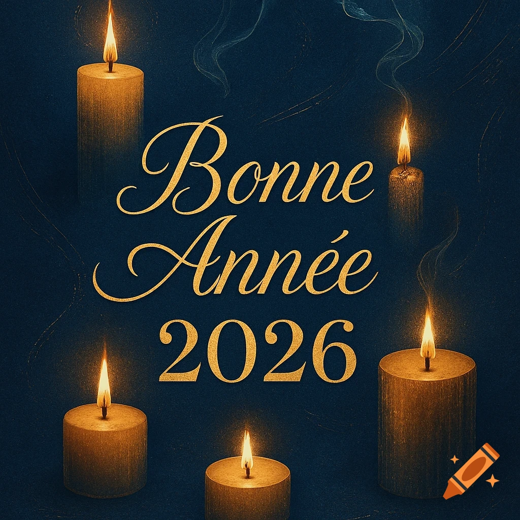A dark blue background with five lit golden candles and gold text "Bonne Année 2026" (Happy New Year 2026).