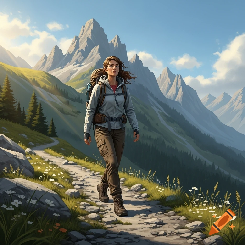 A woman with a backpack hikes on a rocky mountain trail under a blue sky, surrounded by green hills and sharp peaks, digital art.
