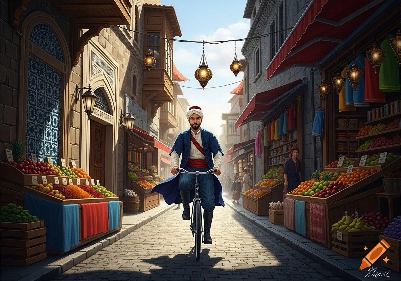 A man in traditional attire rides a bicycle through a bustling marketplace lined with fruit stalls and old buildings, in an illustrative style.