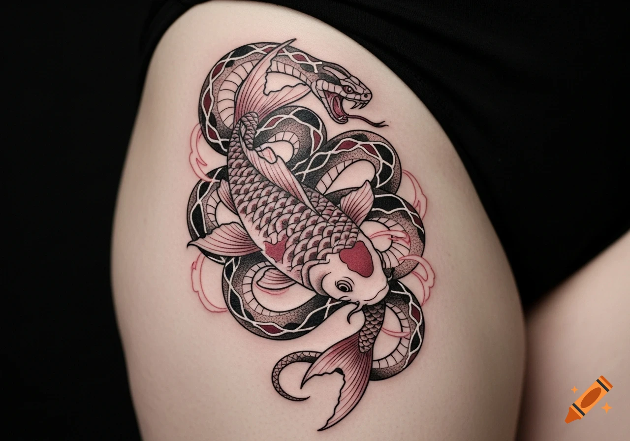 A detailed tattoo of a koi fish intertwined with a snake, rendered in black and red ink on a hip/thigh area.