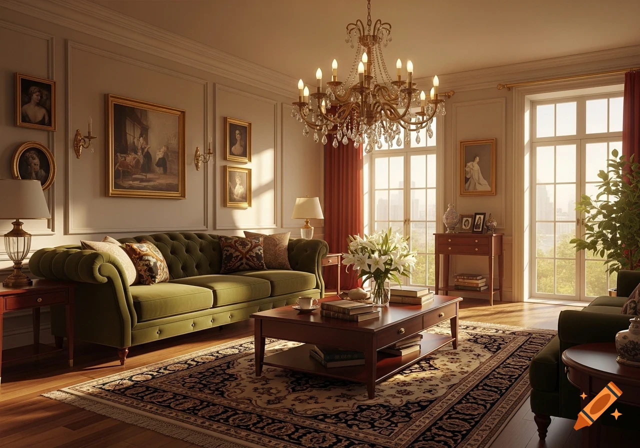 An ornate living room with a green tufted sofa, wooden coffee table, large crystal chandelier, and tall windows looking out onto a city.