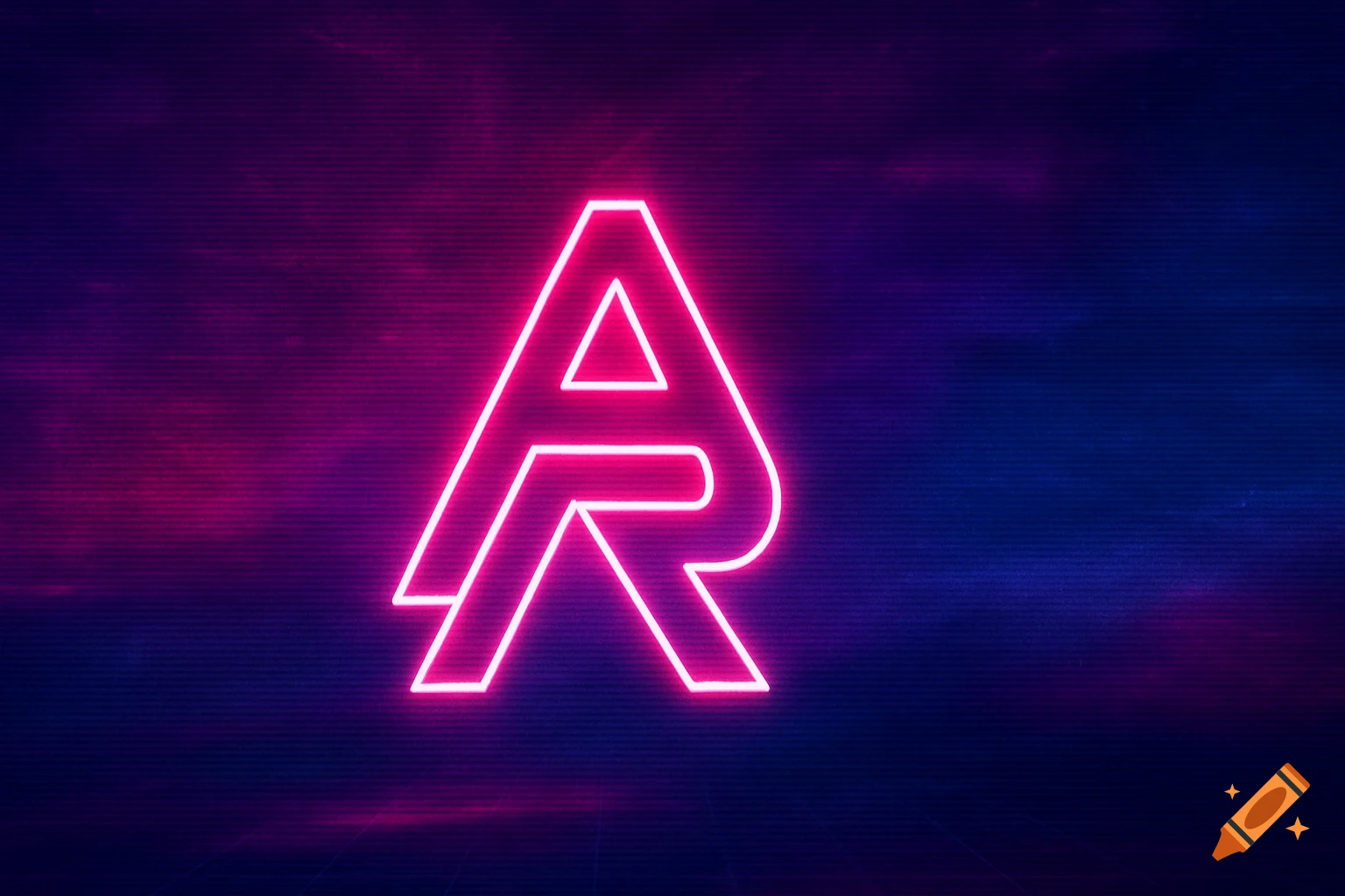 A glowing neon pink "AR" logo in the center against a dark blue and purple retrowave background with horizontal scan lines.