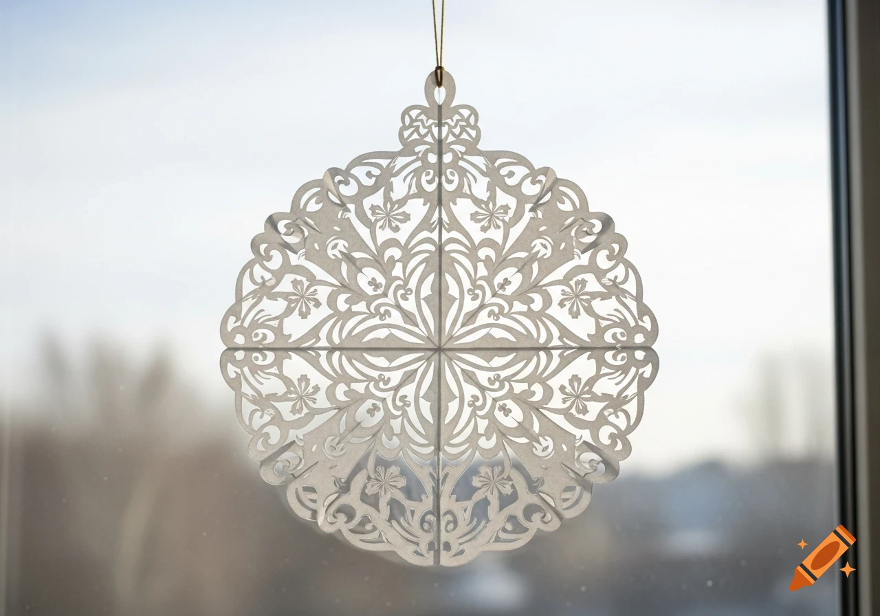 A white, intricately cut paper Christmas ornament hangs against a bright, blurry window background.