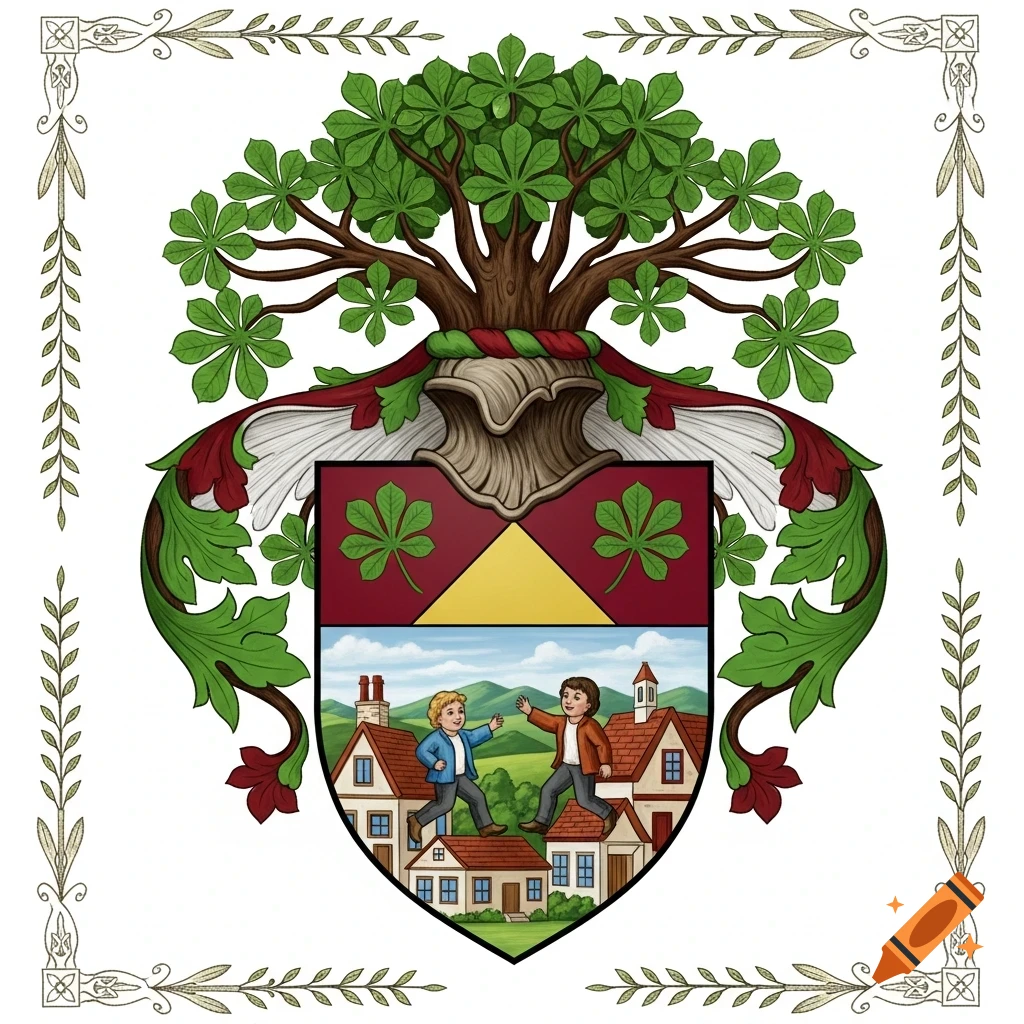 Colorful heraldic crest featuring a chestnut tree, two boys walking over houses, and four-leaf clover shapes.