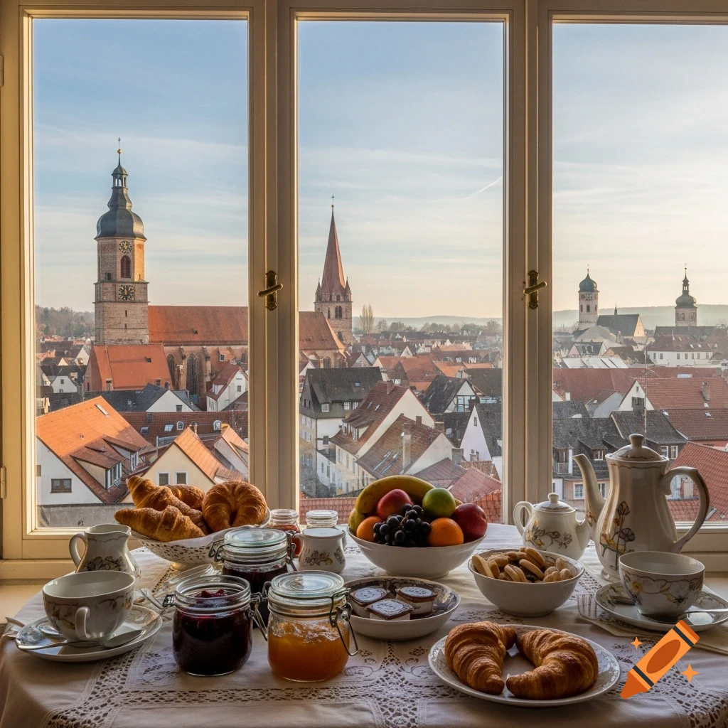 A breakfast spread of croissants, fruit, and jams on a table, overlooking a European town with church steeples through a window.
