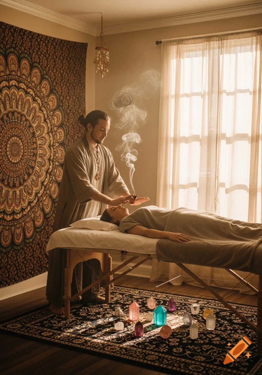 An energy healer performs a session on a person lying on a massage table, with incense smoke rising and crystals arranged on the floor.