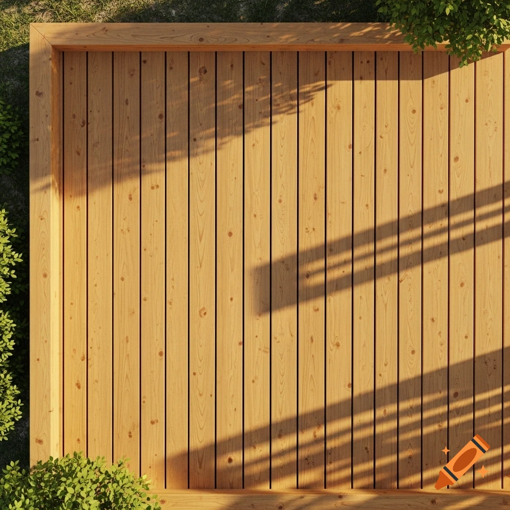 Overhead view of a light wooden deck with vertical planks, bordered by green plants, featuring long shadows.