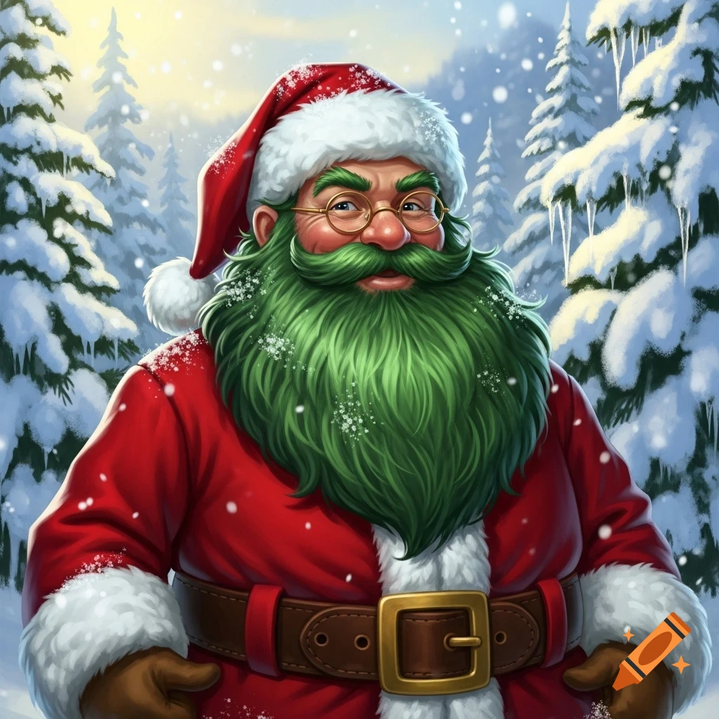 A cheerful Santa Claus with a vibrant green beard in a snowy forest, with snow falling and icicles on trees.