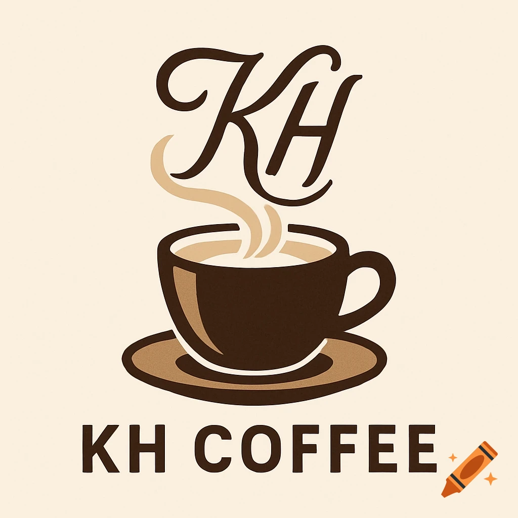 Minimalist logo for KH Coffee featuring a stylized coffee cup with steam and the letters KH above it, on a warm beige background.