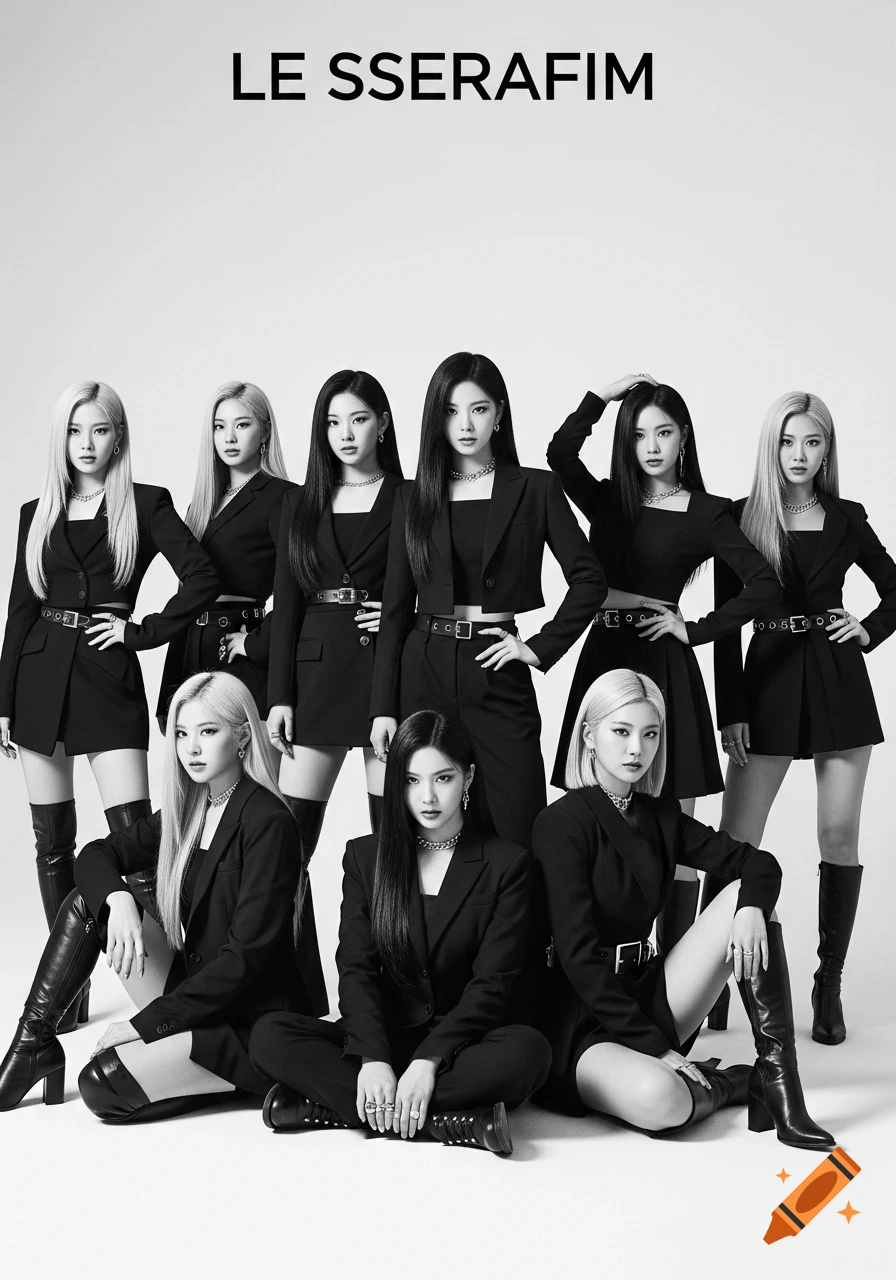 Seven K-pop group members, dressed in black suits and boots, pose confidently in a black and white studio shot with the text "LE SSERAFIM" at the top.