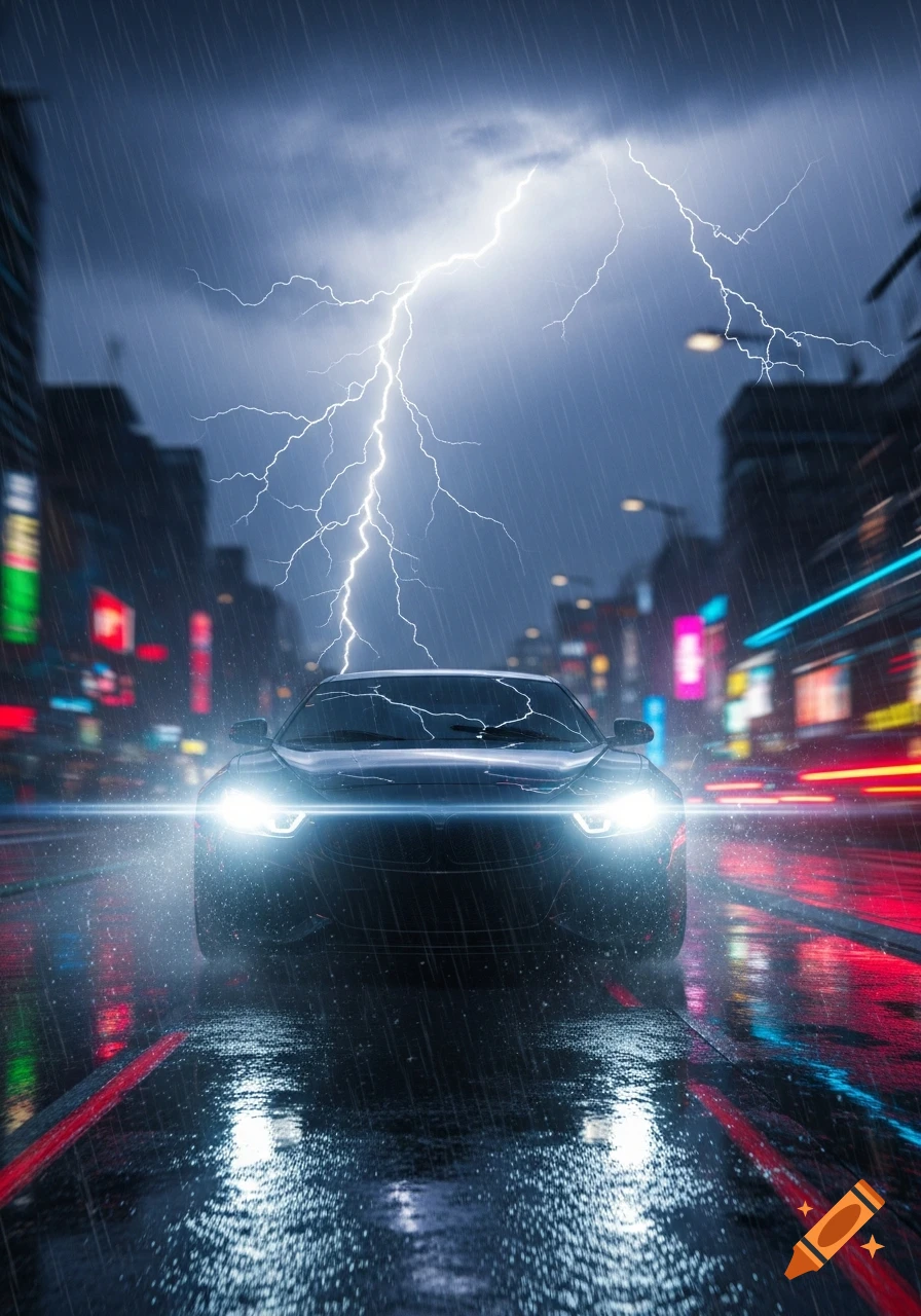 A black car with bright headlights drives on a wet city street at night ...