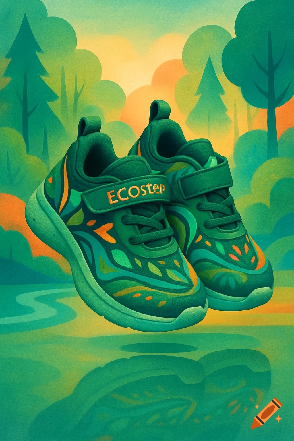 Green ECOstep children's shoes with organic leaf patterns float above a reflective green surface in a stylized forest scene.