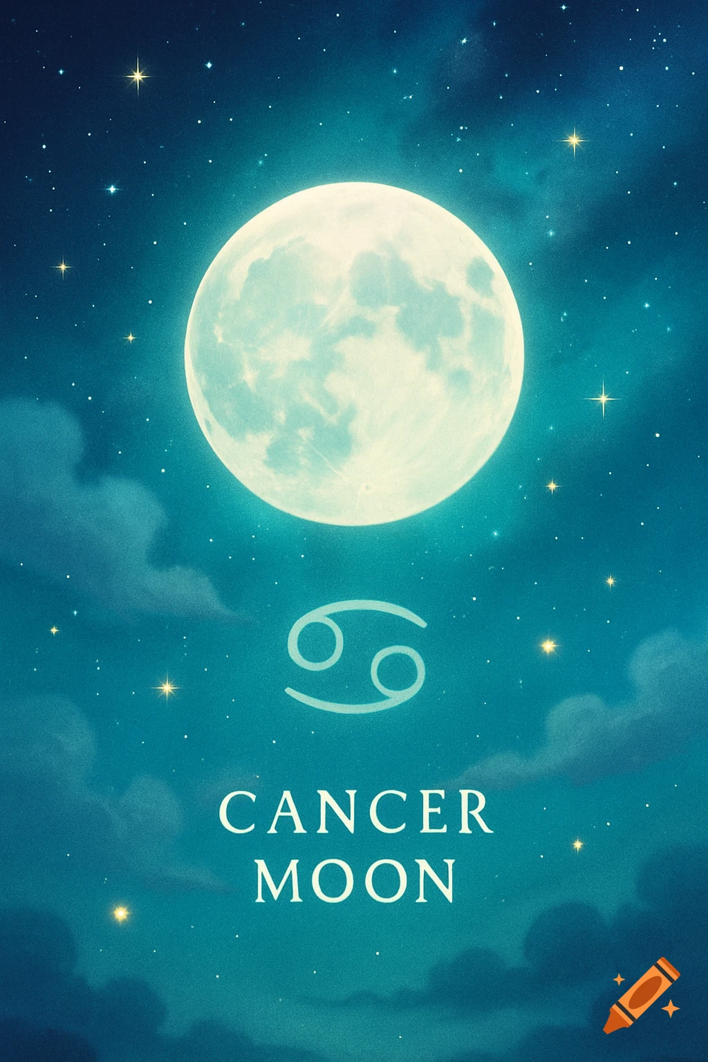 A full moon and Cancer zodiac symbol with 'CANCER MOON' text in a blue, starry night sky with clouds.