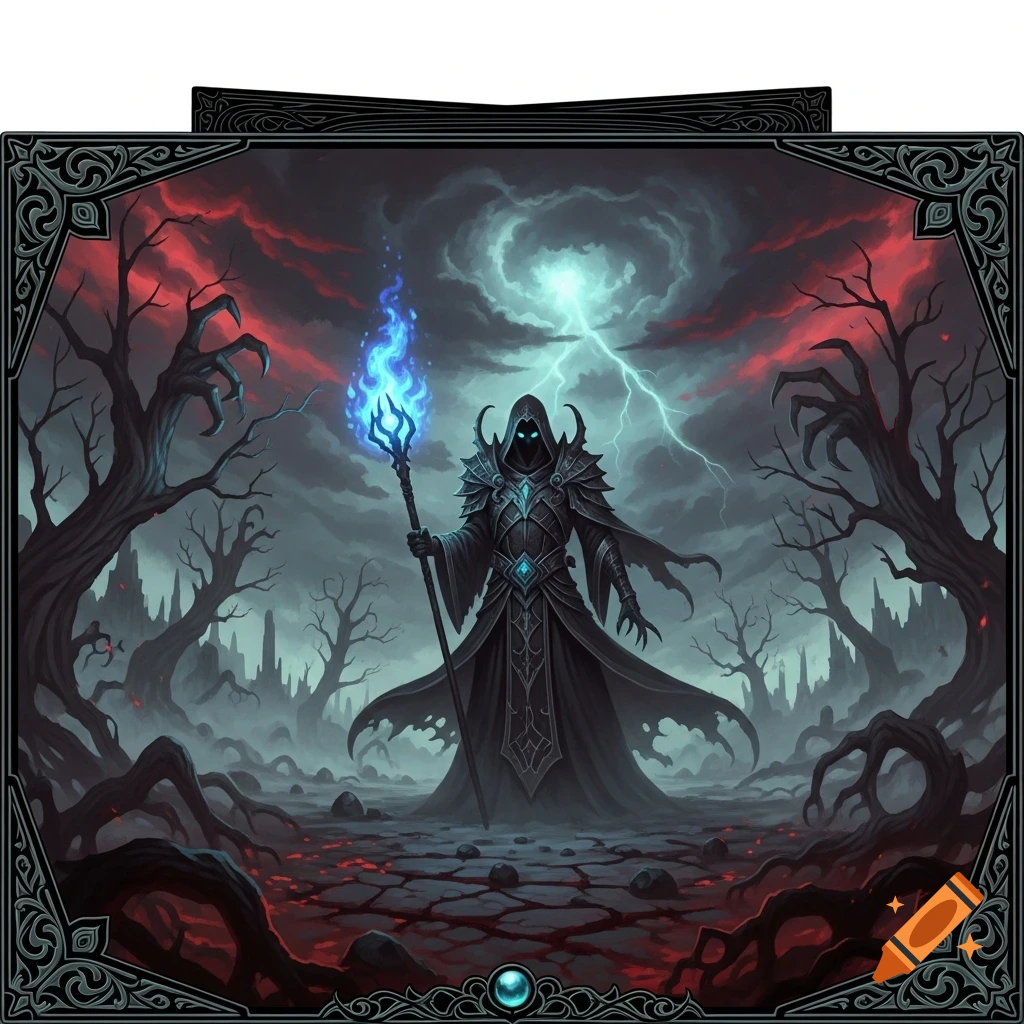 A dark fantasy board game card showing a cloaked figure with a glowing blue staff in a desolate landscape under a stormy red and grey sky, with a decorative border.