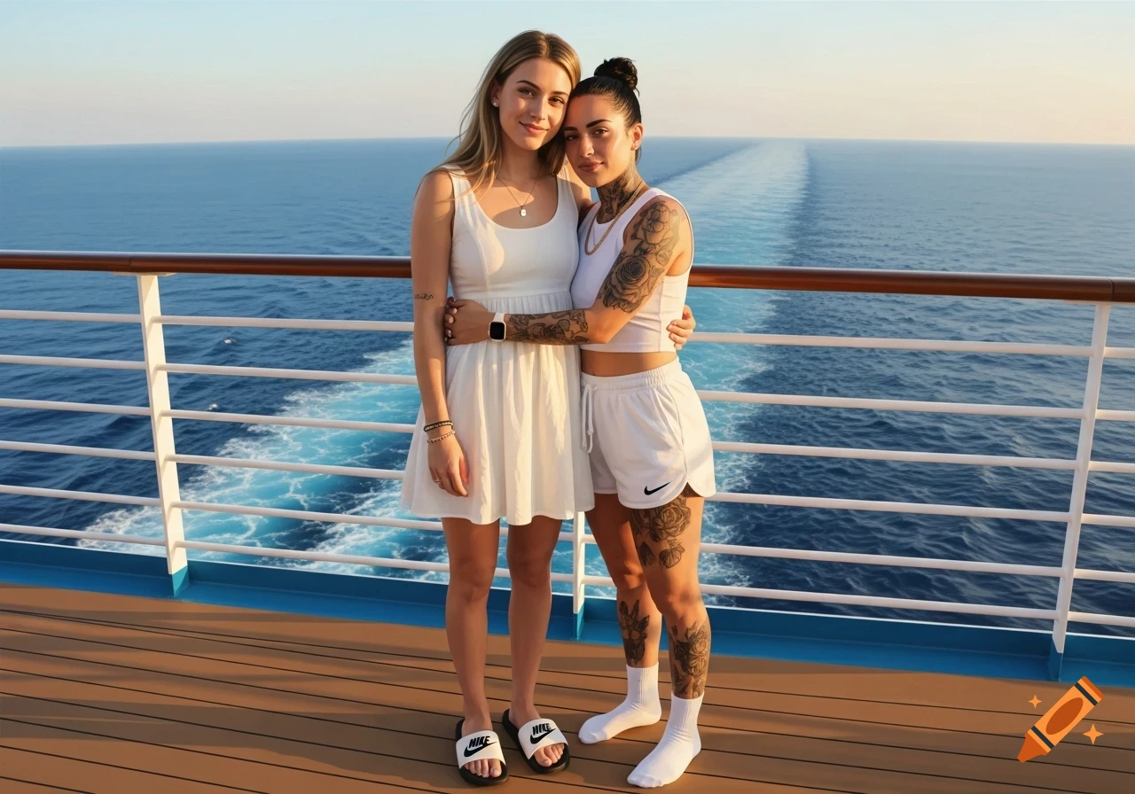 Two women, dressed in white, hug on the deck of a cruise ship with the ocean and wake trail behind them at sunset. Photorealistic.
