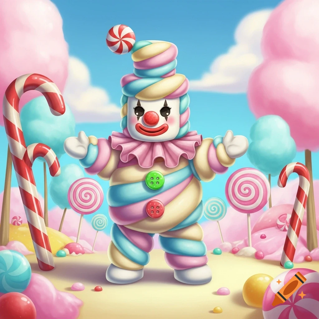 A whimsical marshmallow clown made of pastel swirls in a vibrant candy land with giant lollipops and candy canes, cartoon style.
