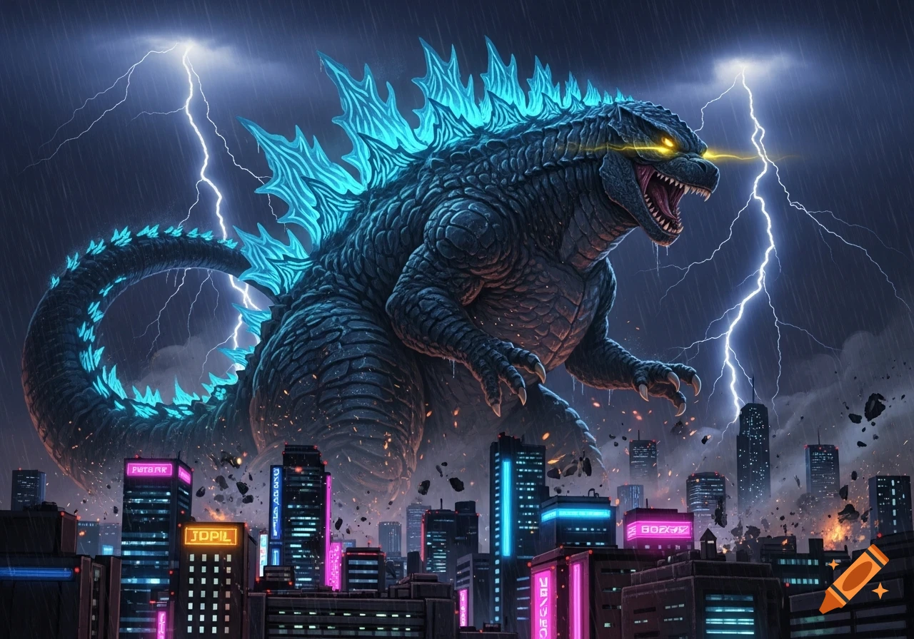A massive, glowing blue-spined Godzilla with yellow eyes blasts energy, towering over a futuristic city lit by neon signs, amidst a fierce lightning storm.